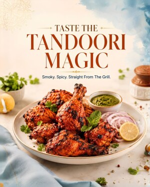 A plate of delicious, smoky, and spicy grilled tandoori chicken served with green chutney, sliced red onions, and lemon.
