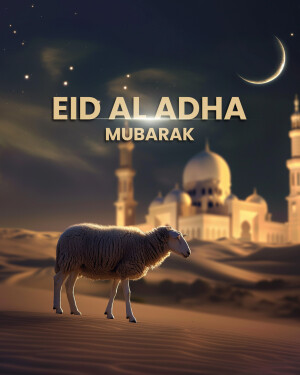 Eid Al Adha Mubarak with a sheep and mosque background