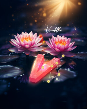 Pink lotus flowers with a glowing 'V' symbol and constellation