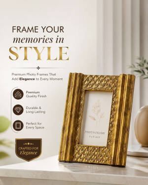 A premium gold ornate photo frame resting on a white table with promotional text overlay.