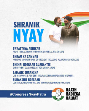 Political poster featuring Rahul Gandhi and a farmer with the Shramik Nyay campaign details.
