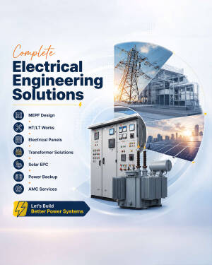 Infographic showing various electrical engineering services like MEPF design, transformer installation, and solar EPC