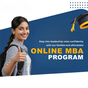 Young woman with backpack and graduation cap promoting an online MBA program