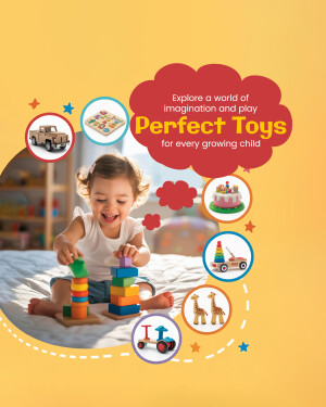 A happy child playing with wooden toys, surrounded by other colorful toys and a promotional message.