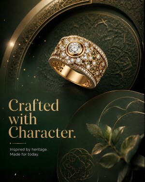 A luxurious gold diamond-encrusted ring displayed against a dark green textured background with elegant typography.