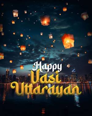 Sky lanterns over a city skyline with 'Happy Uttarayan' text