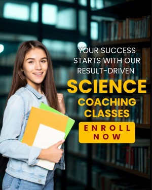 Young woman in a library promoting science coaching classes