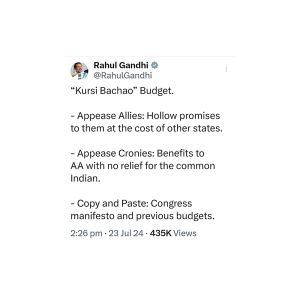 Screenshot of Rahul Gandhi's X (formerly Twitter) post criticizing the Union Budget 2024.
