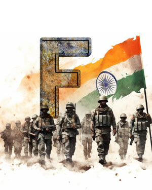 Indian army soldiers marching with the Indian flag and a prominent letter 'F' in the foreground.