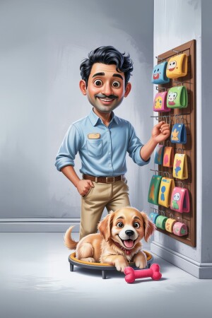 Cartoon illustration of a man standing next to a display of pet accessories with a golden retriever puppy at his feet.
