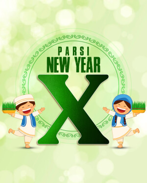 Illustration of children celebrating Parsi New Year with the letter 'X' and traditional elements.