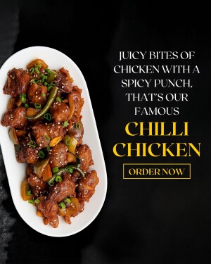 Close-up of Chilli Chicken on a white plate with a black background