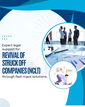 Image depicting legal support for reviving struck-off companies through NCLT with professionals and illustrations.