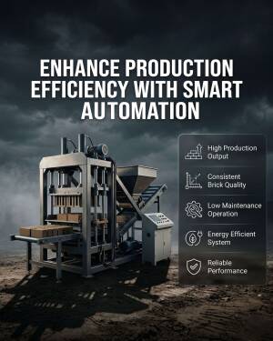 A smart industrial brick making machine featured in a promotional advertisement with technical benefit list.