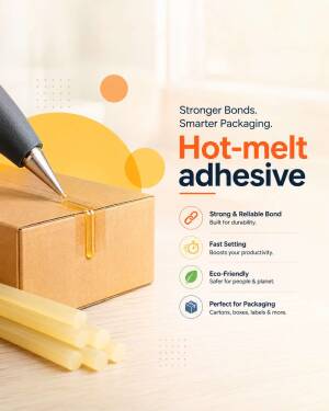 Hot-melt adhesive application on a cardboard box with key product features listed