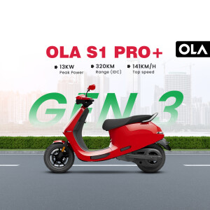 Red Ola S1 Pro+ electric scooter with green 'Gen 3' text and specifications.