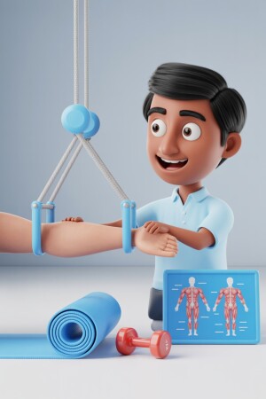 3D rendering of a cartoon man performing leg raises with ropes and other fitness equipment.