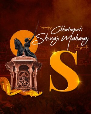 Illustration of Chhatrapati Shivaji Maharaj on horseback with a fort and the letter 'S' in the background.