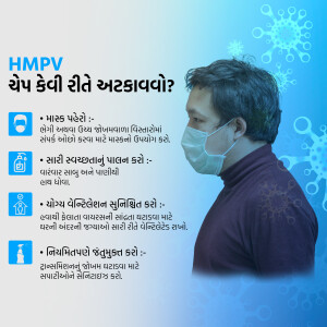 Poster illustrating HMPV prevention measures with a man wearing a mask.