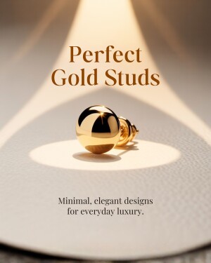 A single polished gold ball stud earring displayed under a spotlight on a minimalist neutral background.