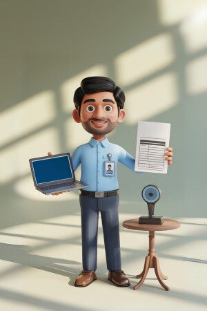3D rendering of a smiling man in business attire holding a laptop and document.