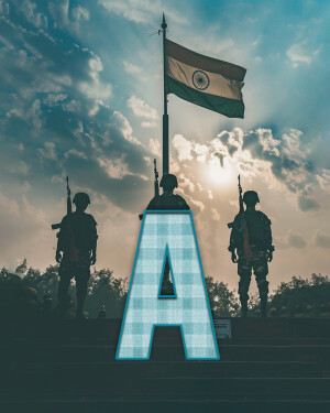 Indian flag waving with soldiers silhouetted against a cloudy sky and a large letter 'A' in the foreground.