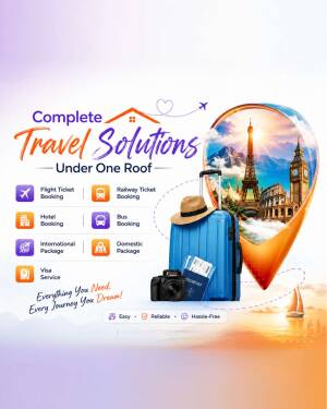 Complete Travel Solutions advertisement showing a suitcase, passport, camera, hat, and iconic global landmarks inside a location pin.