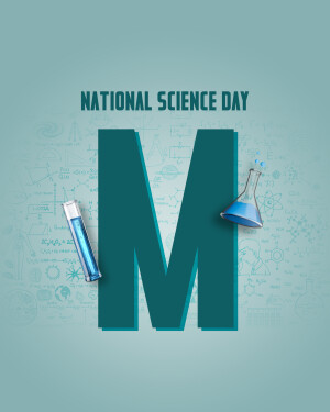 National Science Day graphic with a large letter 'M' and science equipment