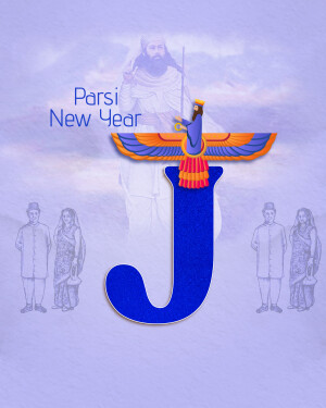 Illustration of Faravahar symbol with the letter 'J' and people celebrating Parsi New Year
