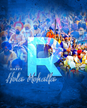 Image depicting a festive Hola Mohalla celebration with a large 'R' overlay.