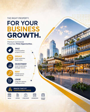 Modern commercial real estate building exterior featuring offices, food court, and retail spaces for business investment