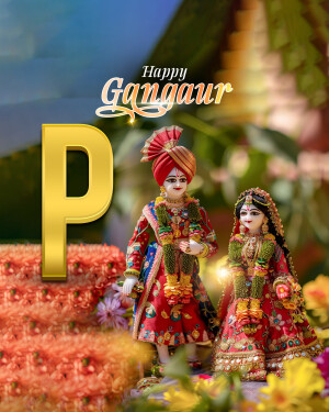 Image depicting a Happy Gangaur celebration with idols of a groom and bride.