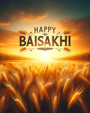 Golden wheat field with a sunset and the text 'Happy Baisakhi'