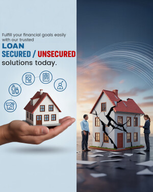 Image depicting a hand holding a miniature house with text promoting secured and unsecured loans.