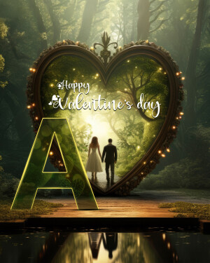 A heart-shaped mirror reflecting a couple walking into a lush green forest with 'Happy Valentine's Day' written on it.