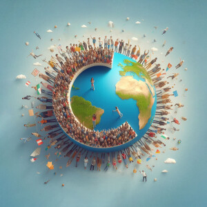 A stylized illustration of Earth with a diverse group of people surrounding it, holding flags.