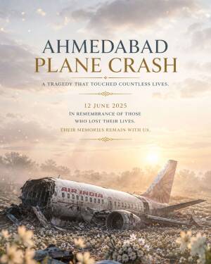 Memorial poster for the Ahmedabad plane crash featuring wreckage in a field of flowers at sunset.
