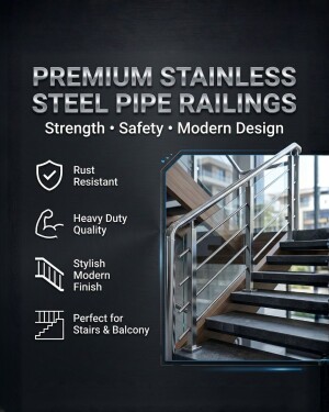 A promotional graphic displaying premium stainless steel pipe railings with text highlighting features like rust resistance, heavy-duty quality, and modern design.