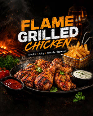 A delicious platter of flame grilled chicken served with french fries, dip, and ketchup on a dark background.