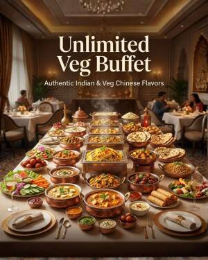 An opulent restaurant table set with a wide variety of Indian and Chinese vegetarian dishes in a buffet style