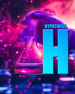 A gloved hand holding a beaker with a colorful liquid, with the word 'Hypothesis' and a large letter 'H' in the background.