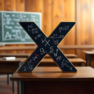 A black chalkboard in the shape of the letter 'X' covered in mathematical equations, placed on a wooden desk in a classroom.