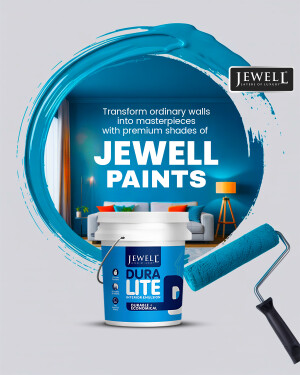 Jewell Paints advertisement featuring a bucket of paint and a beautifully painted room.
