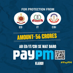 Image promoting PayPM with logos of ED, IT, and CBI and a message about protection from them.