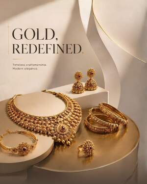 Luxury gold jewelry set featuring a necklace, earrings, bangles, and a ring displayed on elegant podiums