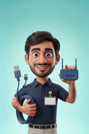 3D rendering of a smiling tech support professional holding a router and cables