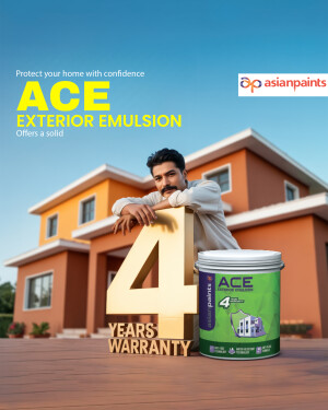 Asian Paints Ace Exterior Emulsion advertisement featuring a man and a house painted with the product.
