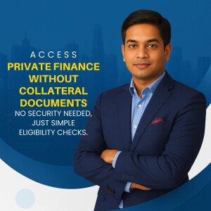 Man in a suit promoting access to private finance without collateral.