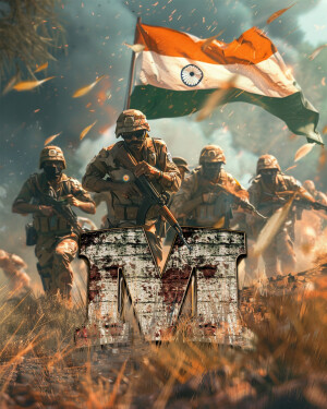 A digital artwork depicting Indian soldiers charging forward with the Indian flag and a large letter 'M' in the foreground.