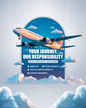 Airplane flying through clouds with airline logos and travel booking text.
